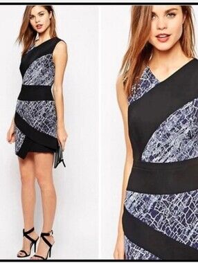 NWT BCBGMaxAzria Black and Blue Patterned Asymmetric Sheath Dress